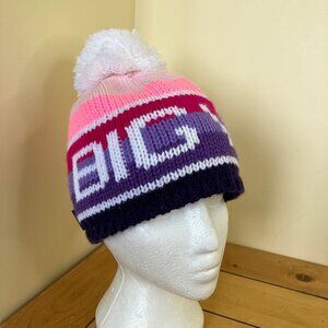 Bula Big White Winter Knit Tuque Beanie with Pom Pom Pink Stripe Fleece Lined XL